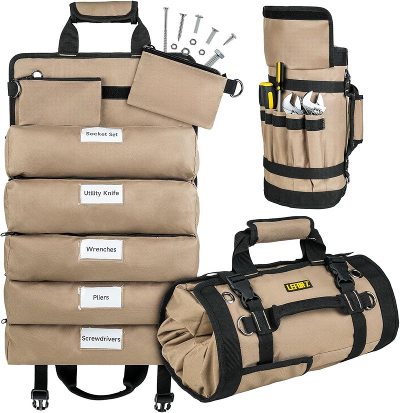 LEFORZ Tool Bag,Large Roll Up Tool Bag Organizer,13 Pockets Tool Roll Storage Pouch,Heavy Duty Portable Tool Storage Carrier Bag for Men,Mechanic,Electrician & Hobbyist,Khaki - Image 1